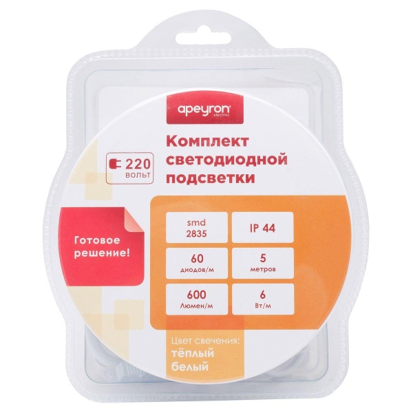 Светодиодная влагозащищенная лента Apeyron 6W/m 60LED/m 3528SMD теплый белый 5M 10-58 Алматы