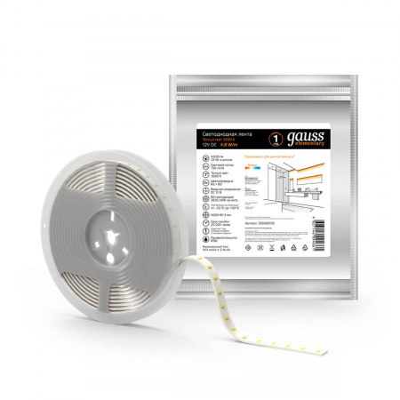 Светодиодная влагозащищенная лента Gauss 4,8W/m 60LED/m 2835SMD теплый белый 5M 356000105 Алматы