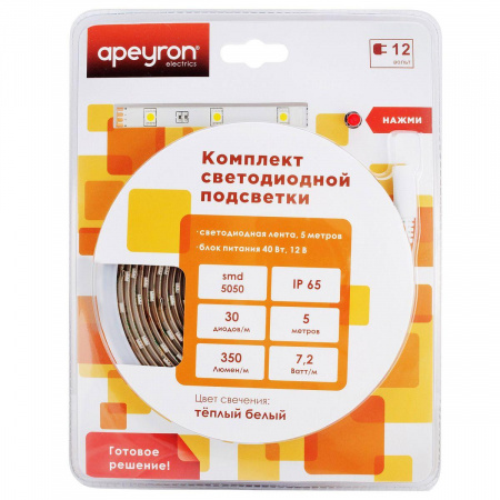 Светодиодная влагозащищенная лента Apeyron 7,2W/m 30LED/m 5050SMD теплый белый 5M 10-02 Алматы