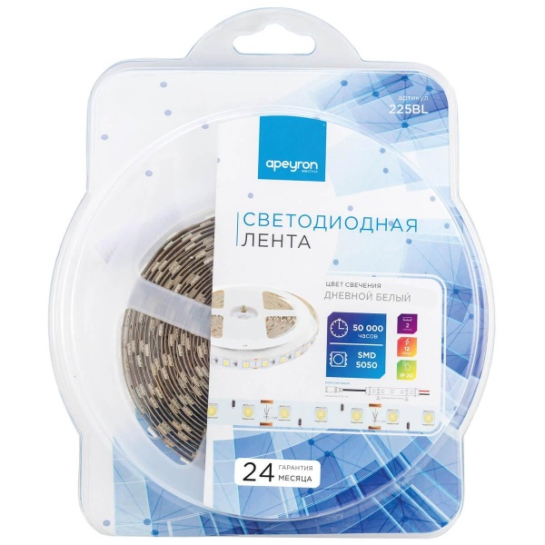 Светодиодная лента Apeyron 14,4W/m 60Led/m 5050SMD дневной белый 2M 225BL Алматы