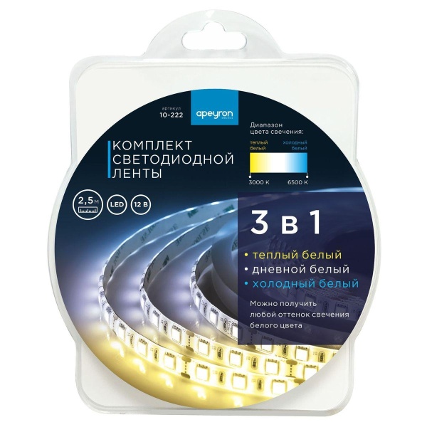 Светодиодная лента Apeyron 14,4W/m 60LED/m 5050SMD теплый белый/холодный белый 2,5M 10-222 Алматы