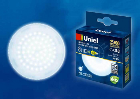 Лампа светодиодная Uniel GX53 8W 6500K матовая LED-GX53-8W/6500K/GX53/FR PLZ01WH UL-00005312