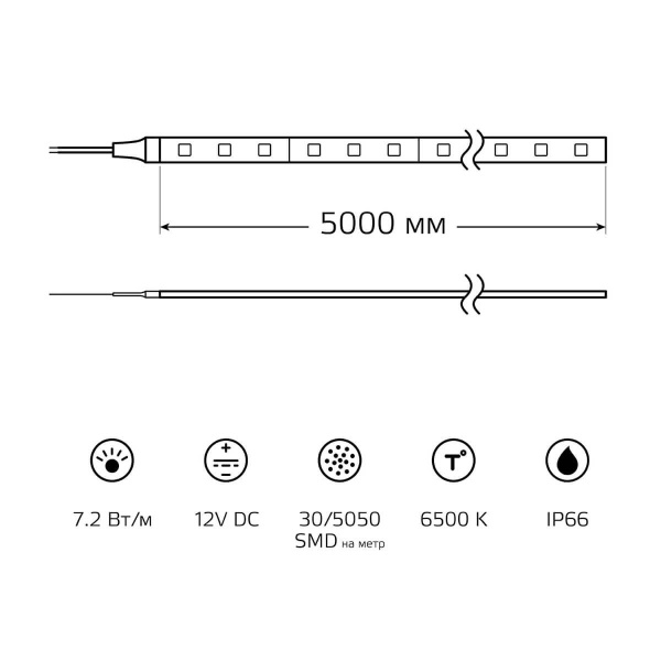 Светодиодная влагозащищенная лента Gauss 7,2W/m 30LED/m 5050SMD холодный белый 5M 311000307 Алматы
