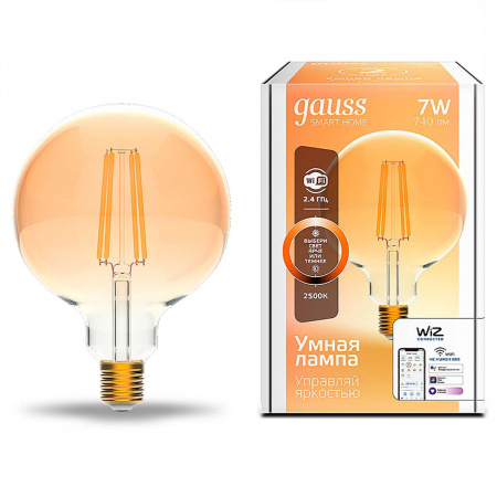 Лампа светодиодная диммируемая филаментная Gauss Smart Home Filament E27 7W 2500K золотистая 1320112