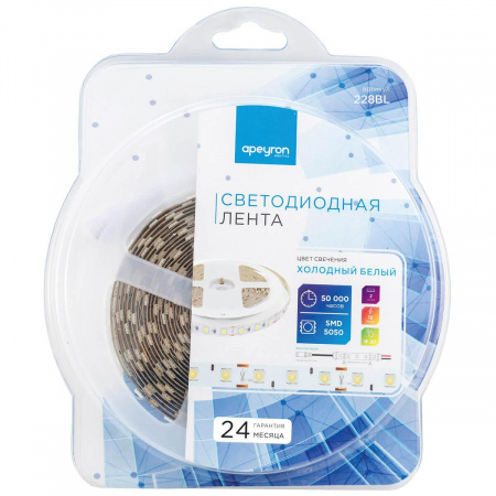 Светодиодная лента Apeyron 14,4W/m 60Led/m 5050SMD холодный белый 2M 228BL Алматы