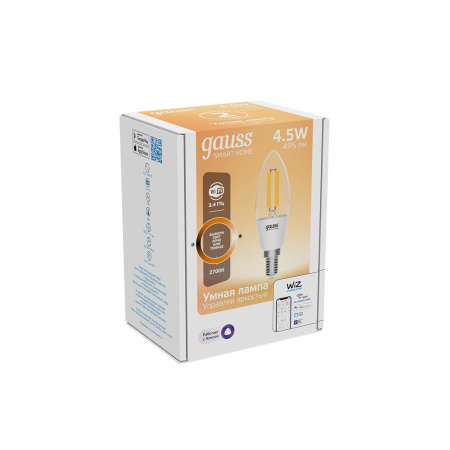 Лампа светодиодная диммируемая филаментная Gauss Smart Home Filament E14 4,5W 2700K прозрачная 1230112