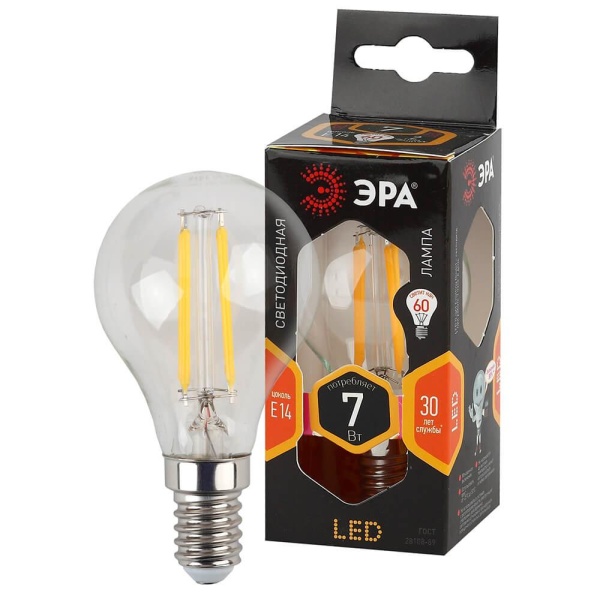 Лампа светодиодная филаментная ЭРА E14 7W 2700K прозрачная F-LED P45-7W-827-E14 Б0027946